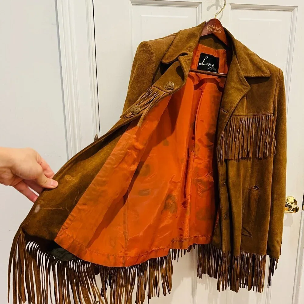 Lesco Leather Vintage 1970s Western Suede Fringe Biker Distressed Jacket Rancher